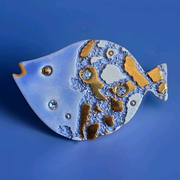 Vtg Hand Crafted Clay Polymer Fish Pin Brooch Blue Metallic Gold Tropics Coastal - Picture 1 of 6